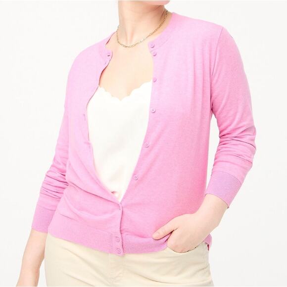 J.Crew Classic Cotton Cardigan Sweater XL Pink Button Front Crewneck Ribbed Trim - Picture 1 of 8